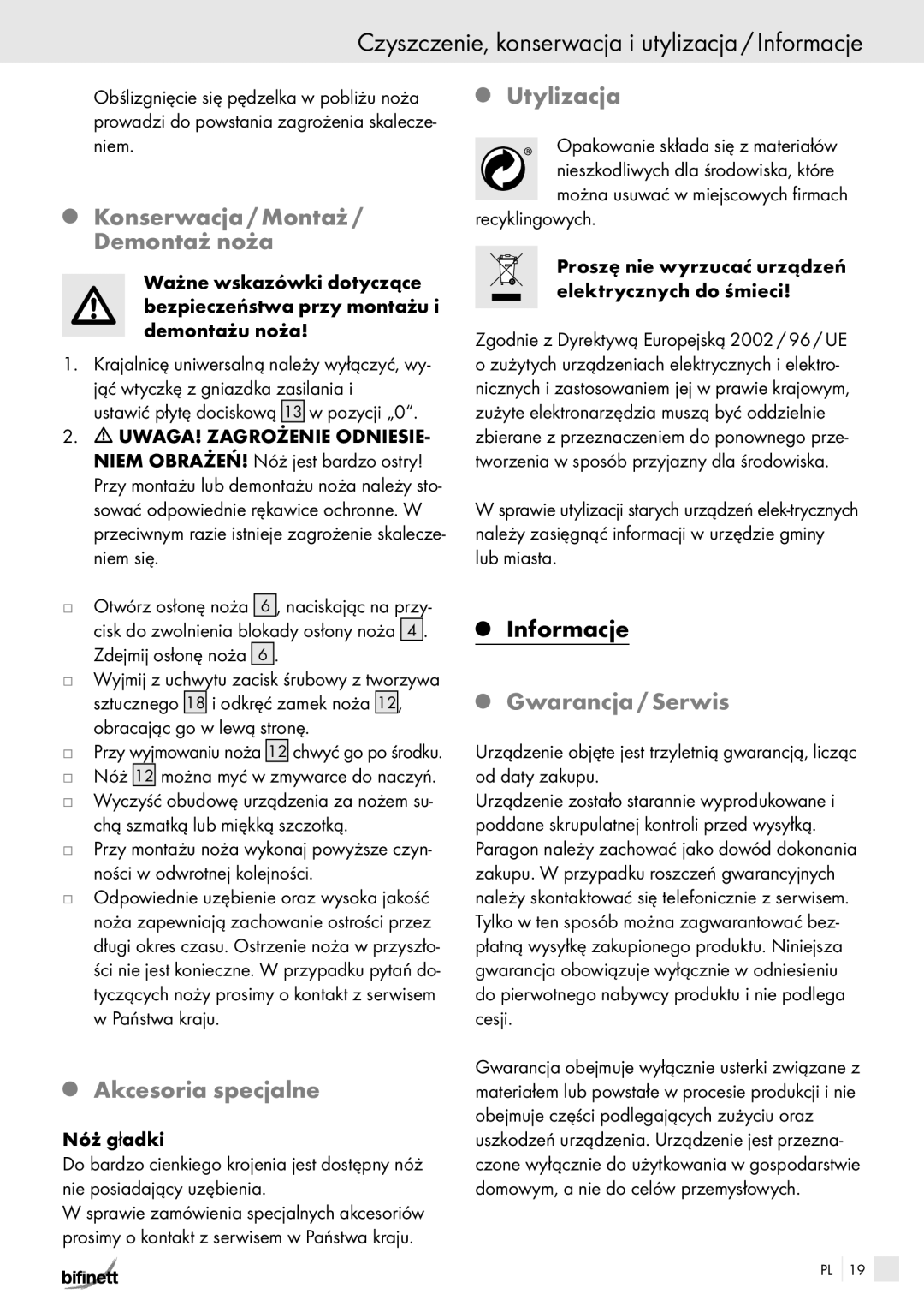 Bifinett KH 150 manual Czyszczenie, konserwacja i utylizacja / Informacje, Konserwacja / Montaż / Demontaż noża, Utylizacja 